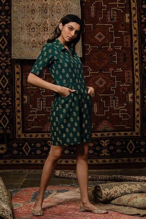 Spring Green Denim Handblock Print Romper