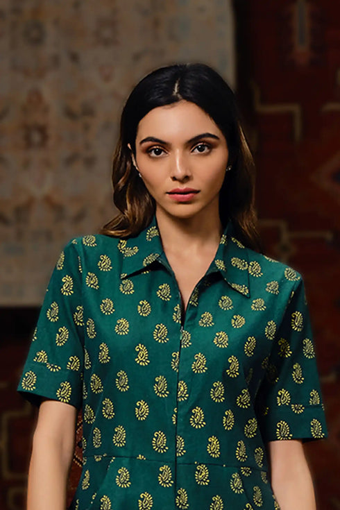 Spring Green Denim Handblock Print Romper