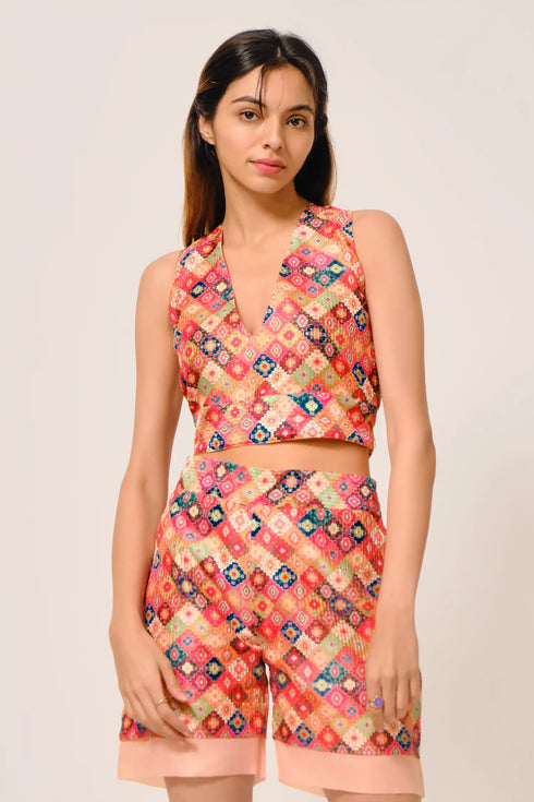 Sterling Patola Silk Top, Shorts and Organza Jacket Set